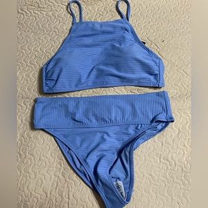 fun blue rubbed halter top bikini swimsuit 2pc set high plus Xl l 14 16